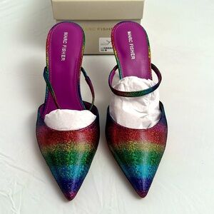 Marc Fisher Hadais 2 multicolor glitzy metallic rainbow mule heels